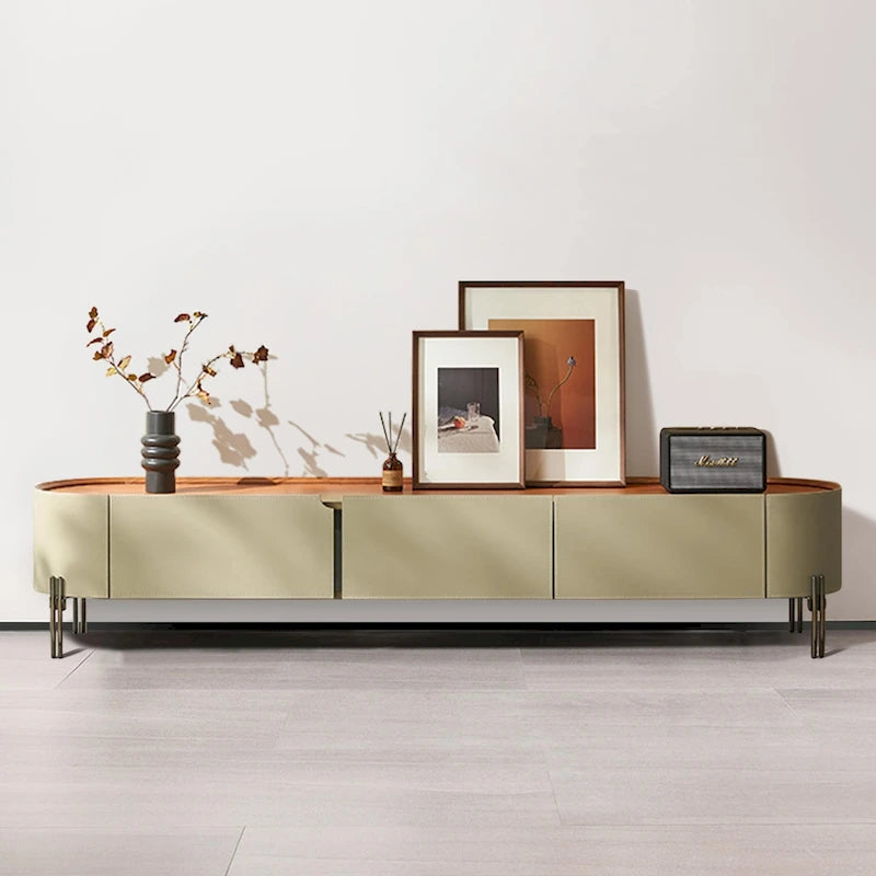 Meuble TV industriel moderne avec 3 tiroirs | Placage cuir sellier | MDF | Pieds en acier inoxydable