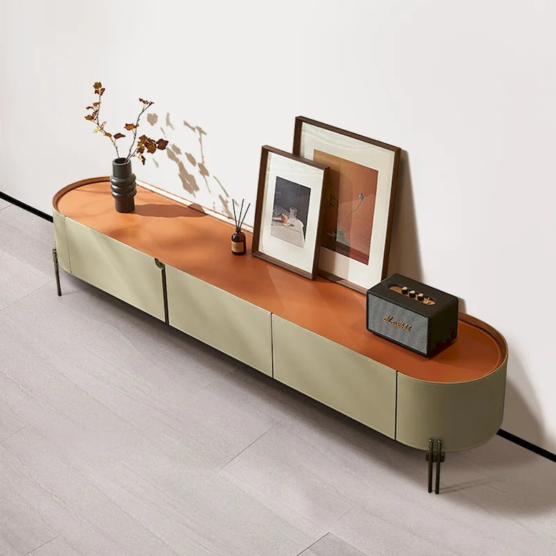 Meuble TV industriel moderne avec 3 tiroirs | Placage cuir sellier | MDF | Pieds en acier inoxydable