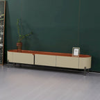 Meuble TV industriel moderne avec 3 tiroirs | Placage cuir sellier | MDF | Pieds en acier inoxydable