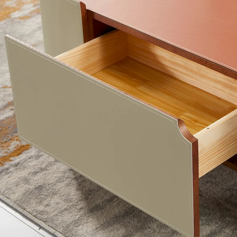 Meuble TV industriel moderne avec 3 tiroirs | Placage cuir sellier | MDF | Pieds en acier inoxydable
