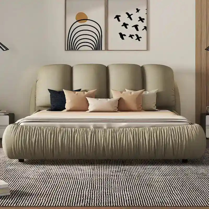 Lit Queen Size de Luxe Rembourré avec Tête de Lit Épaisse, Lit Queen Size en Velours avec Dossier Rembourré Surdimensionné