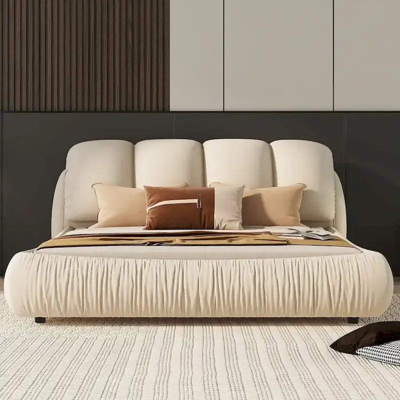 Lit Queen Size de Luxe Rembourré avec Tête de Lit Épaisse, Lit Queen Size en Velours avec Dossier Rembourré Surdimensionné