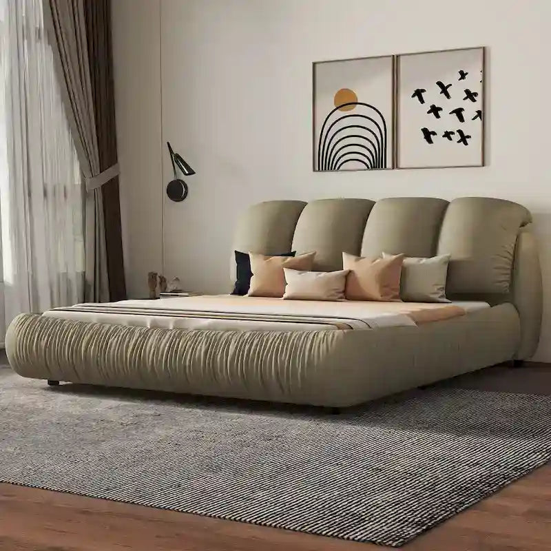 Lit Queen Size de Luxe Rembourré avec Tête de Lit Épaisse, Lit Queen Size en Velours avec Dossier Rembourré Surdimensionné