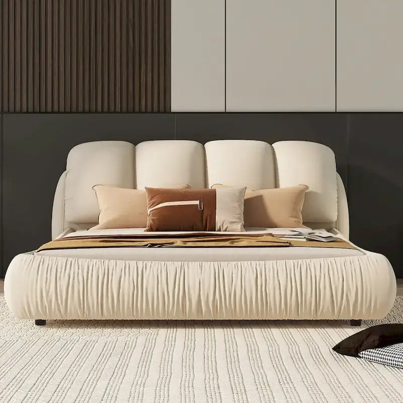 Lit Queen Size de Luxe Rembourré avec Tête de Lit Épaisse, Lit Queen Size en Velours avec Dossier Rembourré Surdimensionné
