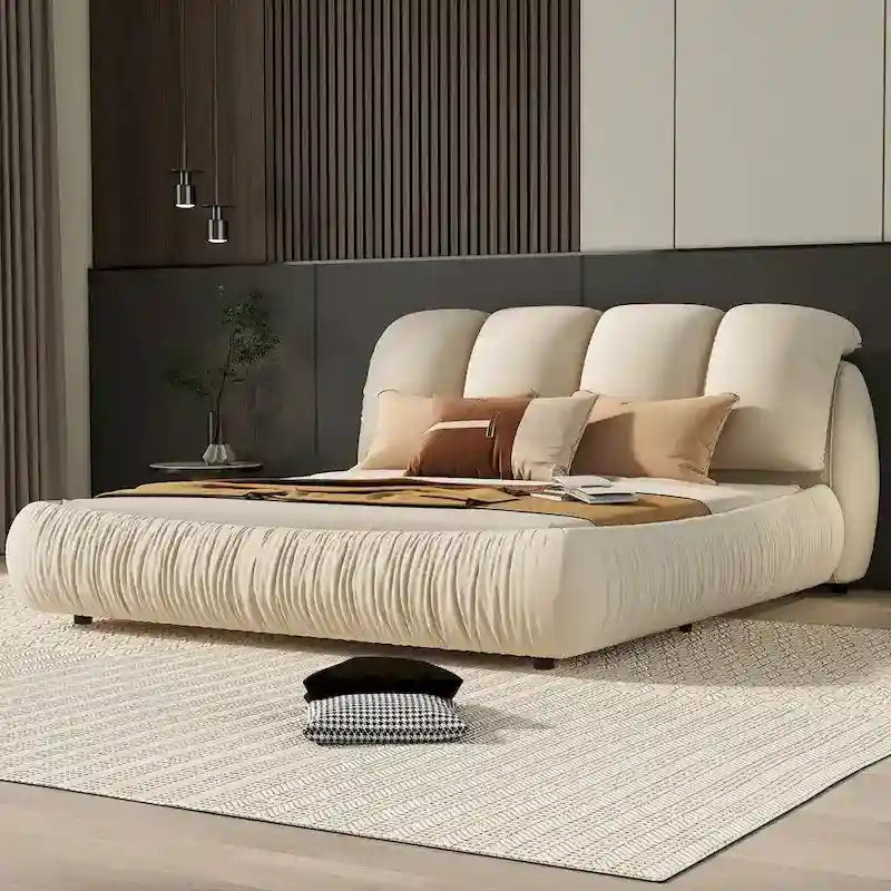 Lit Queen Size de Luxe Rembourré avec Tête de Lit Épaisse, Lit Queen Size en Velours avec Dossier Rembourré Surdimensionné