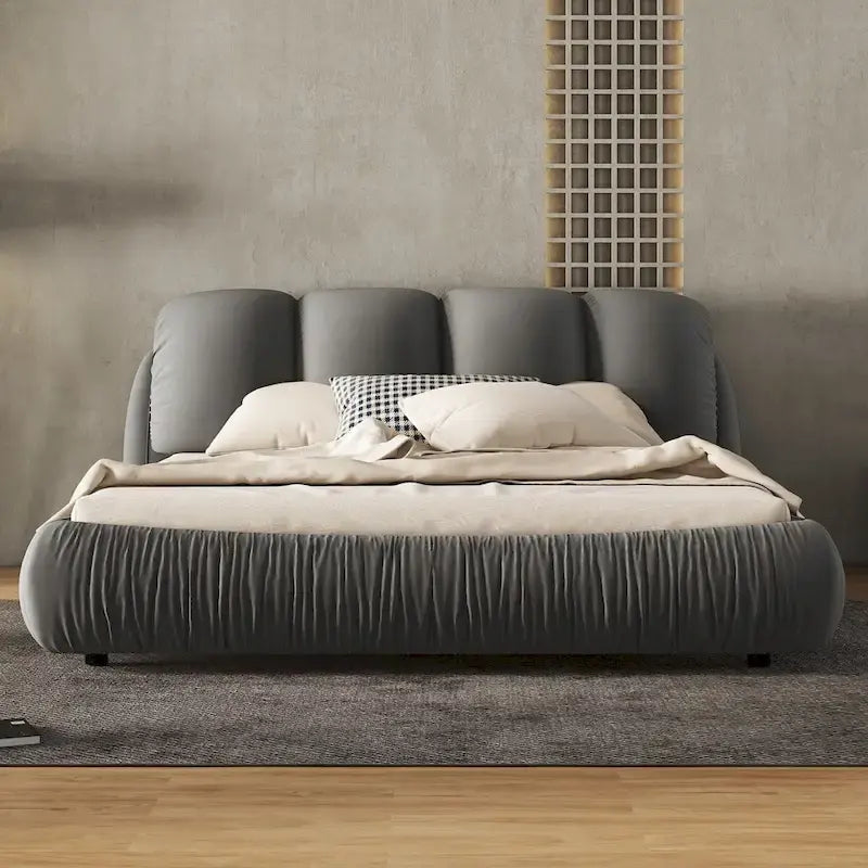 Lit Queen Size de Luxe Rembourré avec Tête de Lit Épaisse, Lit Queen Size en Velours avec Dossier Rembourré Surdimensionné