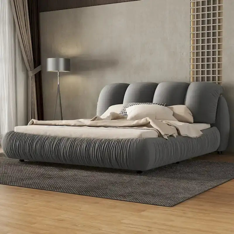 Lit Queen Size de Luxe Rembourré avec Tête de Lit Épaisse, Lit Queen Size en Velours avec Dossier Rembourré Surdimensionné